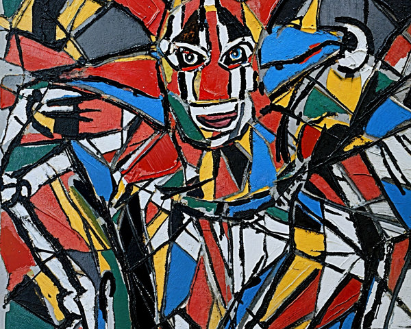 Abstract Jester Painting with Bold Colors and Shapes