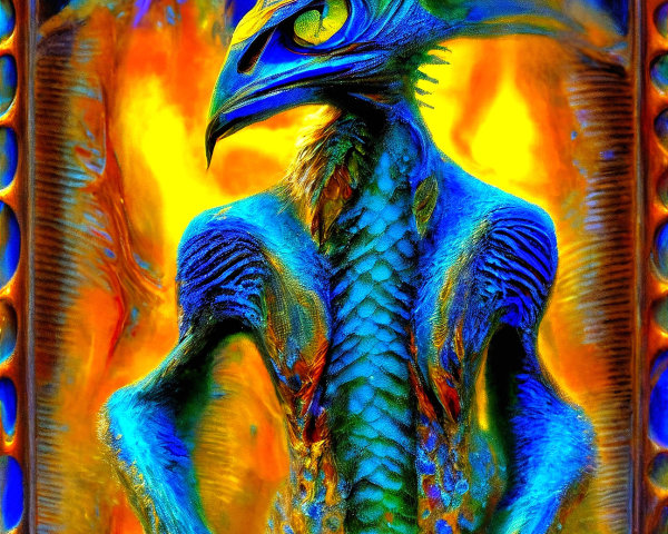 Humanoid Reptile Creature with Blue Skin and Yellow Eyes