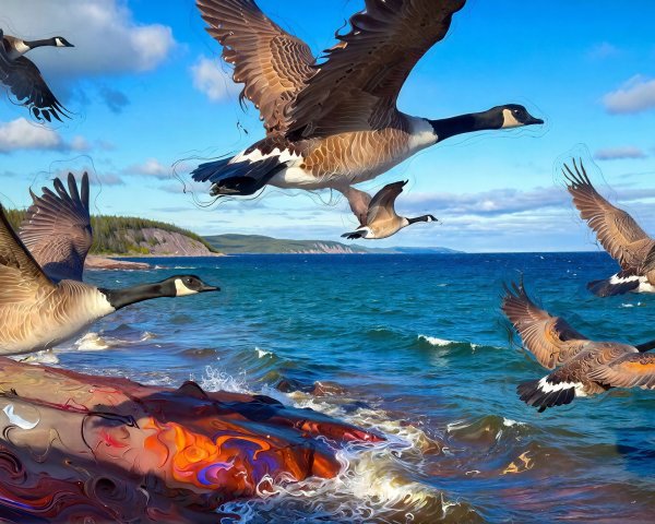 Digital Painting of Canadian Geese Over a Lake