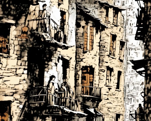 Narrow alleyway with stone buildings and vintage clothing