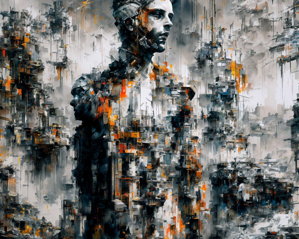 Abstract Human Figure in Vibrant Geometric Cityscape