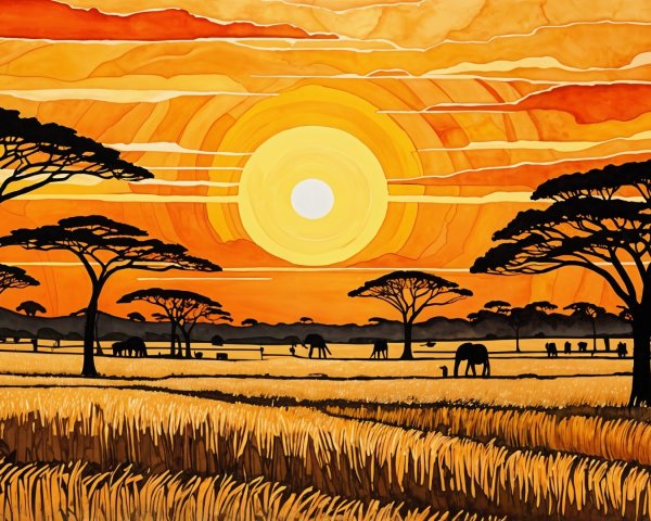 Vibrant Sunset Over Savannah with Elephants and Acacia Trees