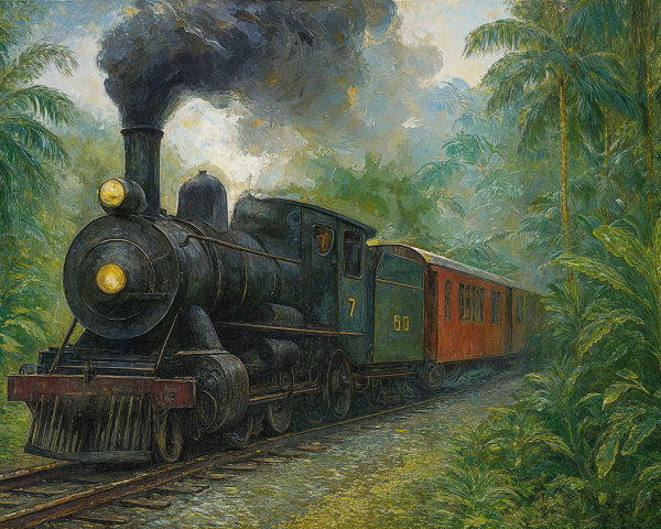 Black Steam Locomotive in Tropical Jungle Setting