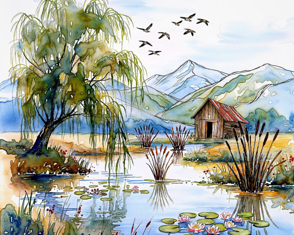 Serene Landscape with Pond and Lush Greenery