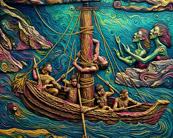 Vibrant Scene of a Boat Struggling in Turbulent Waters