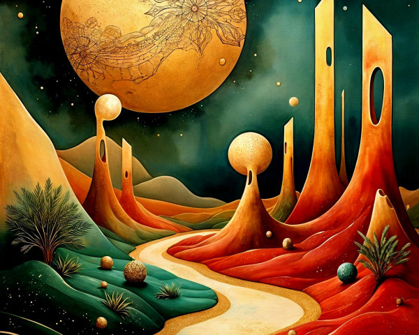 Surreal Landscape with Vibrant Hills and Celestial Sky