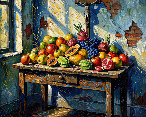 Rustic Table with Vibrant Fruits in Sunlit Room