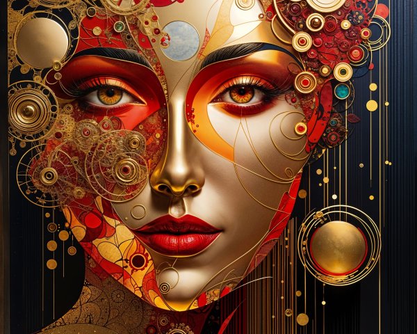 Vibrant Female Face with Swirling Patterns and Geometric Designs