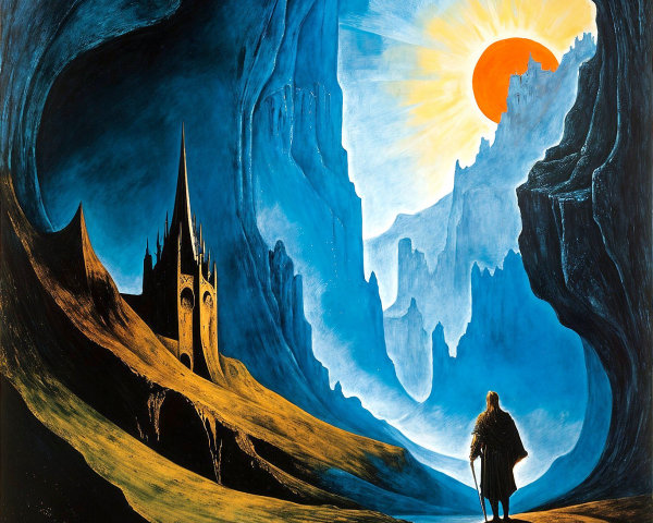 Cavern with Castle at Sunrise and Silhouetted Figure