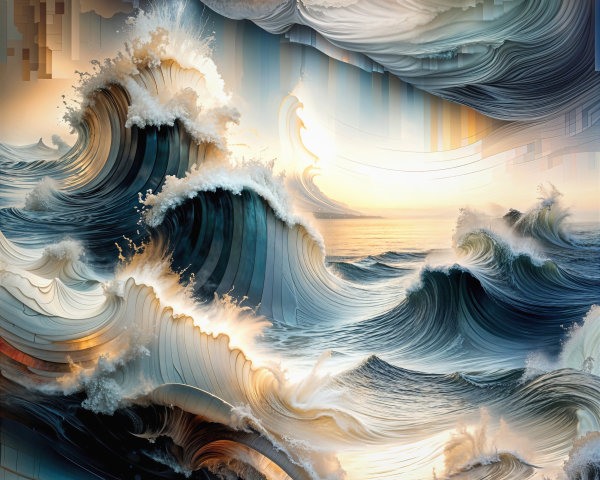 Dynamic Ocean Waves with Abstract Patterns and Sunset