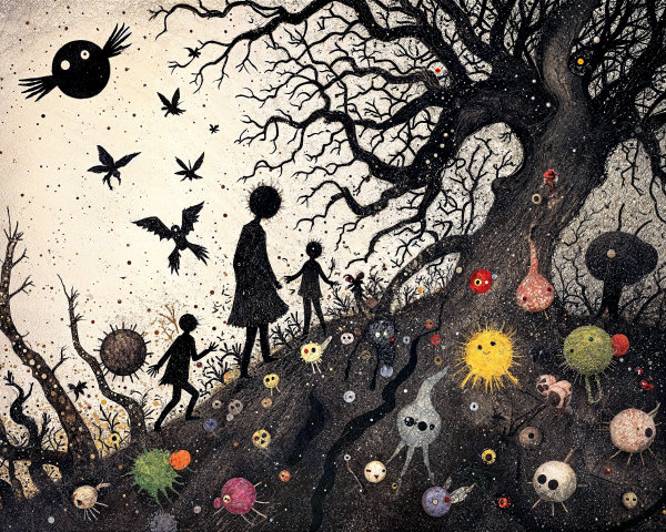 Whimsical Digital Painting with Dark Trees and Shapes