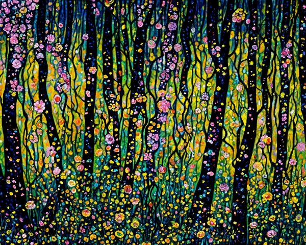 Vibrant Forest Scene with Colorful Flowers and Trees