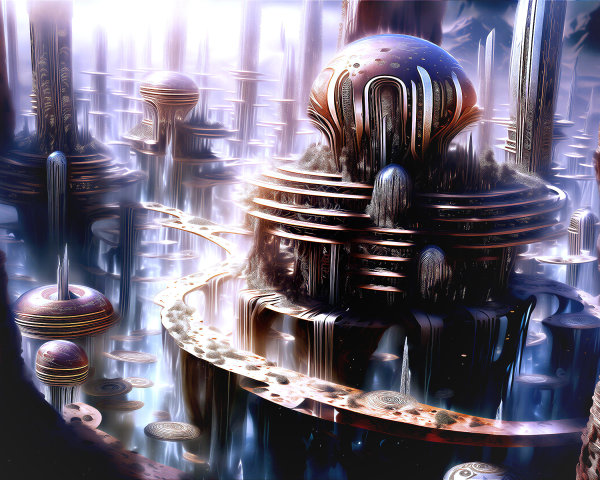 Surreal Futuristic Landscape with Towering Structures