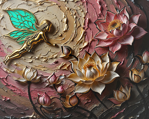 Golden fairy in a whimsical floral scene