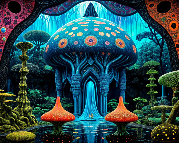 Vibrant Mushroom Landscape with Surreal Vegetation
