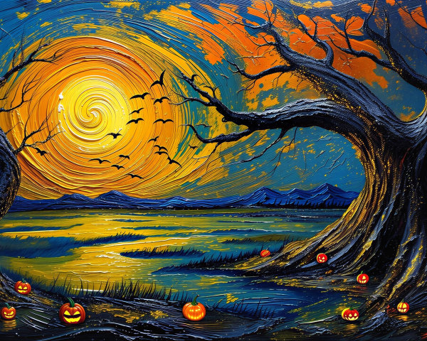 Vibrant Halloween Scene with Twisted Trees and Pumpkins