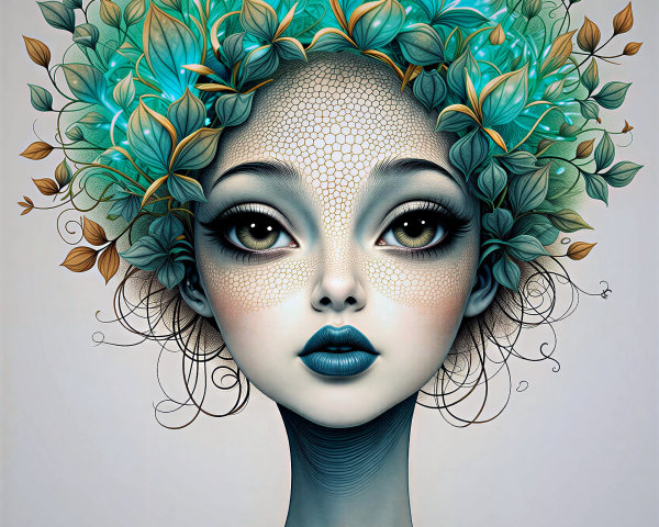 Surreal Woman with Nature-Inspired Hair and Calm Demeanor