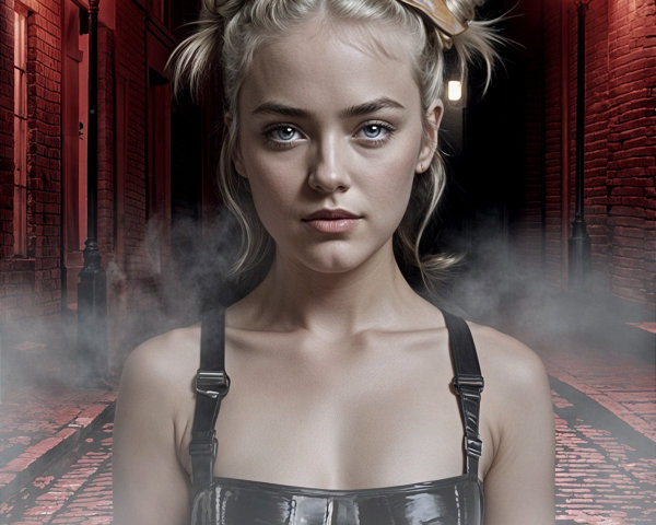 Young woman in alleyway with playful hair and bold style