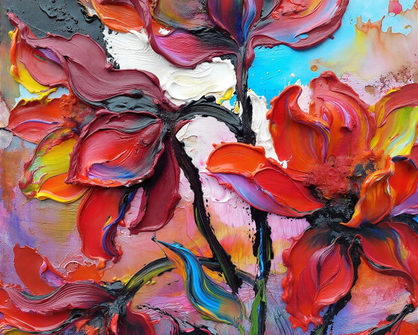 Vibrant Impasto Oil Painting of Red Flower Bouquet