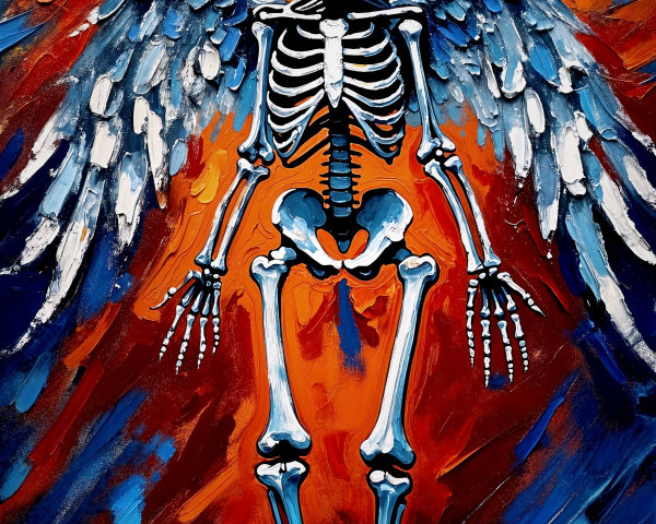 Skeleton with Feathered Wings in Abstract Colors