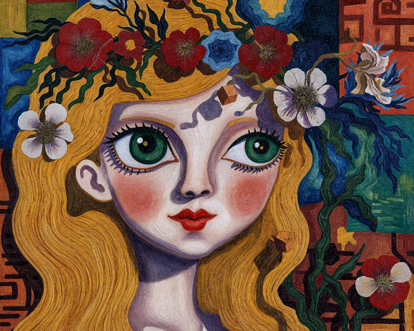 Whimsical Artwork of a Girl with Floral Crown