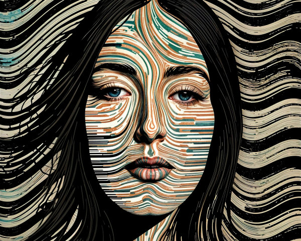 Stylized portrait of a woman with flowing hair and patterns