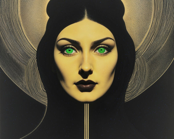 Striking figure with green eyes and golden halos