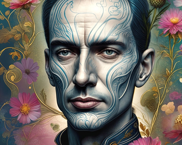 Portrait of a man with blue patterns and floral backdrop