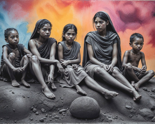 Children in Muted Clothing Against Colorful Mural