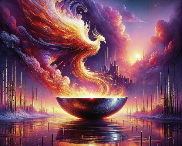 Mystical Scene with Dark Bowl and Vibrant Flames