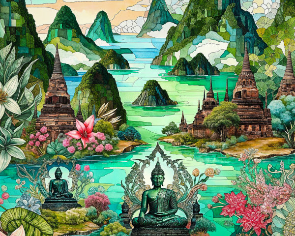 Surreal Landscape with Buddha, Temples, and Flowers