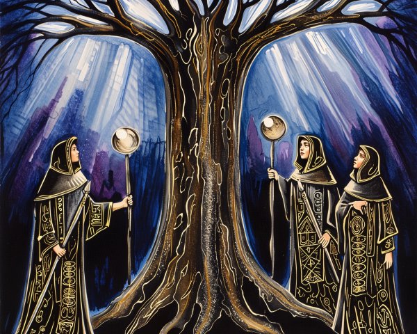 Three Figures Before Ancient Tree in Mystical Forest