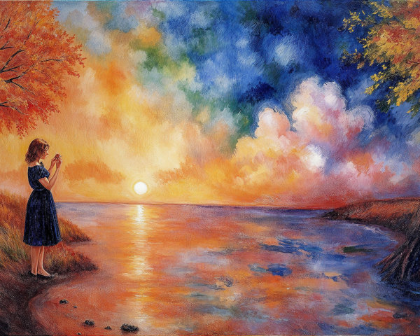 Serene sunset with girl by tranquil lake and trees