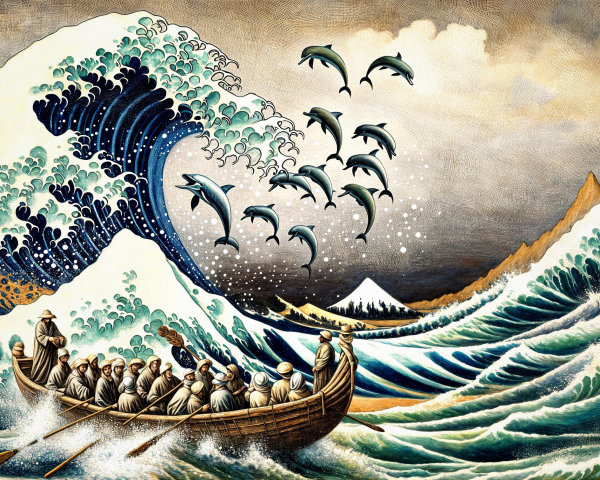 Stylized Wave Scene with Boat and Dolphins
