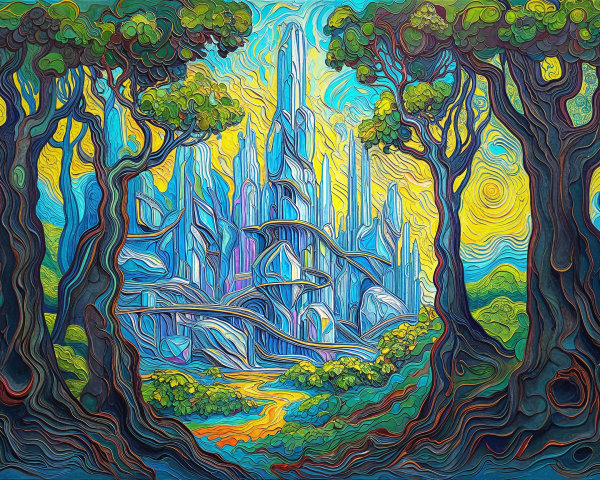 Vibrant Landscape with Crystalline Structures and Trees
