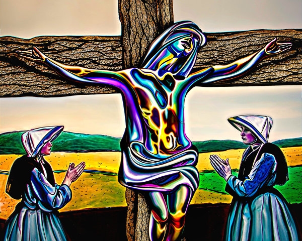 Stylized Crucifixion Scene with Vibrant Colors