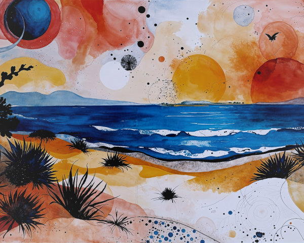 Vibrant Abstract Landscape with Ocean and Sunset Elements