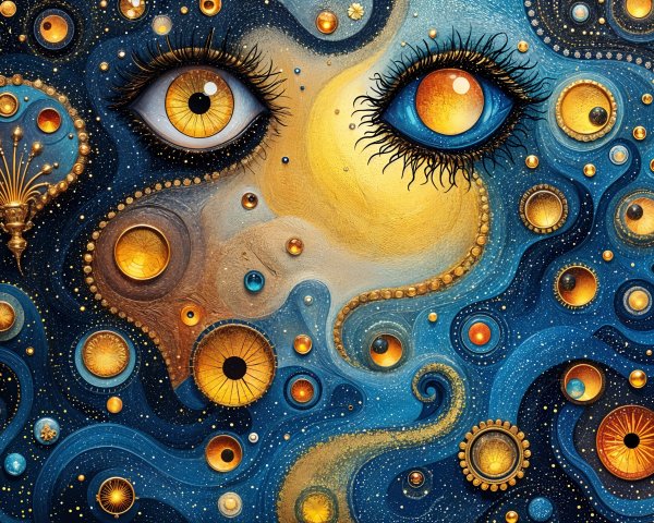 Cosmic Artwork with Blue and Gold Eyes and Celestial Forms