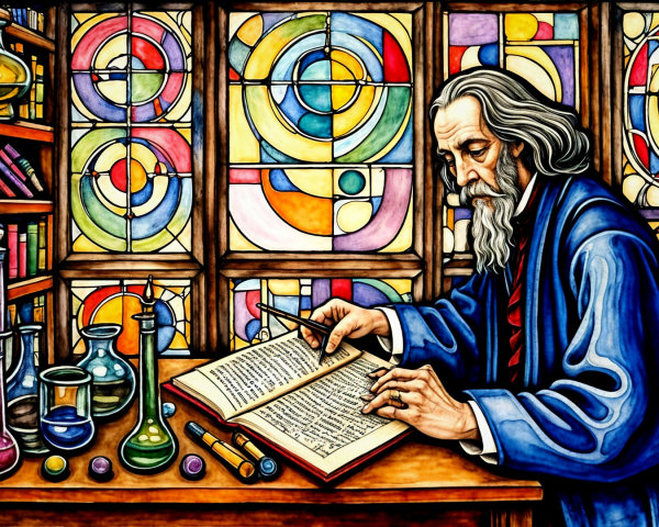 Elderly Scholar Reading in Stained-Glass Room