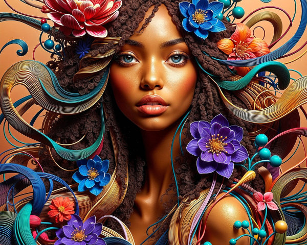 Portrait of a woman with curly hair and floral accents