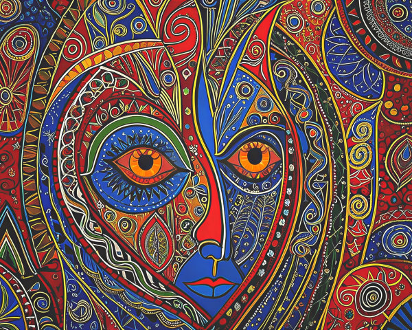 Vibrant Abstract Artwork with Stylized Face and Colors