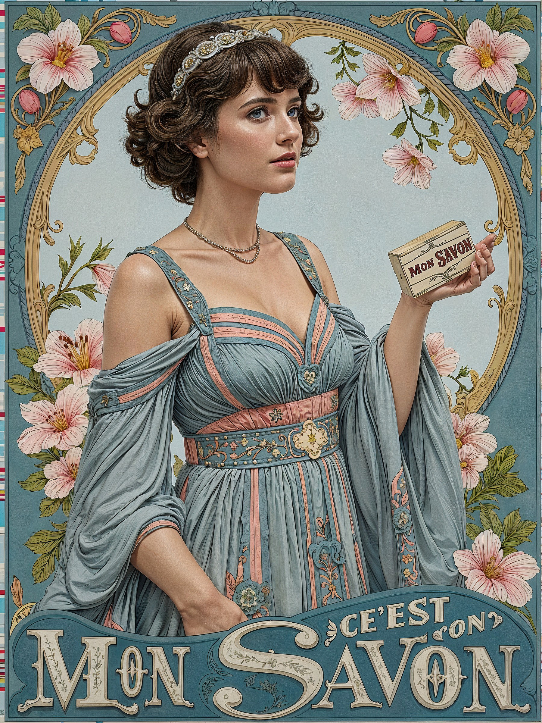 Vintage Illustration of Woman in Pastel Floral Gown