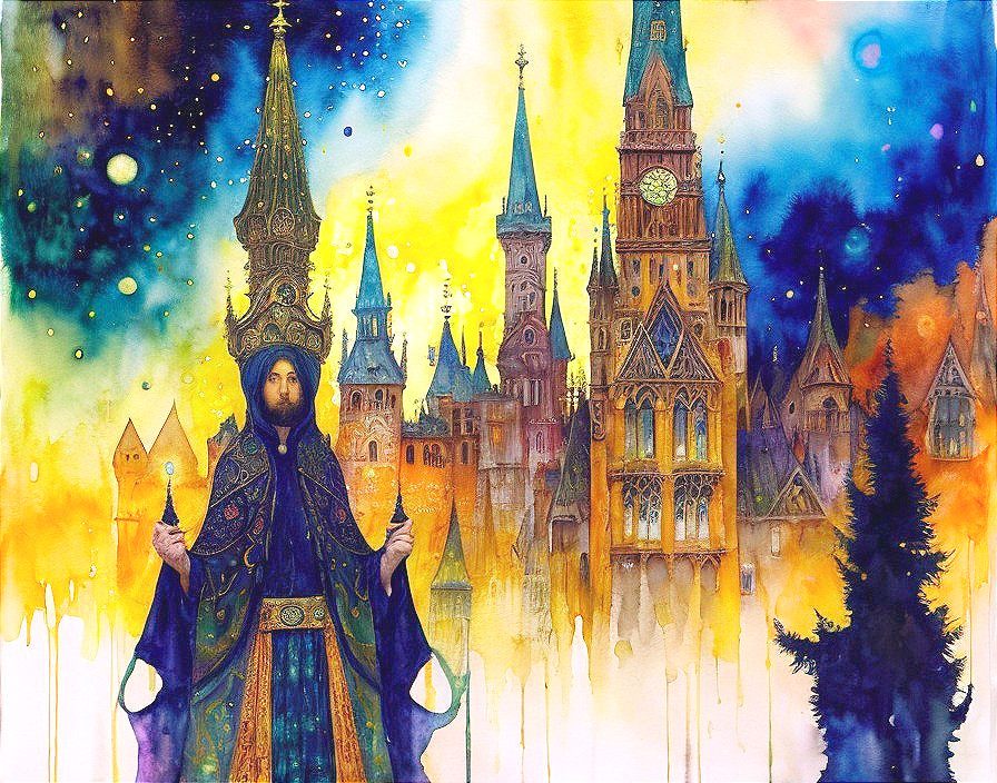 Vibrant watercolor painting of mystical figure in fantasy cityscape