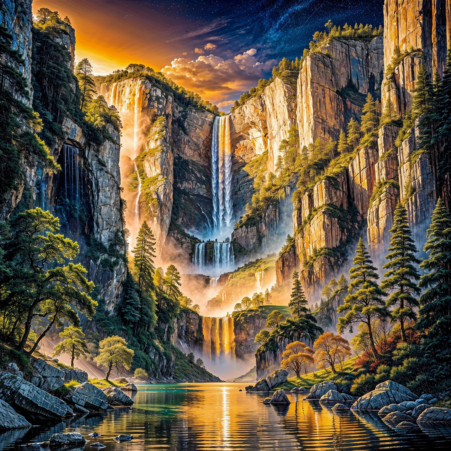 Majestic Waterfalls and Serene Sunset Landscape