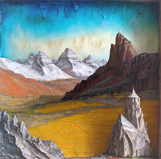 Surreal Landscape with Snow-Capped Mountains and Temple