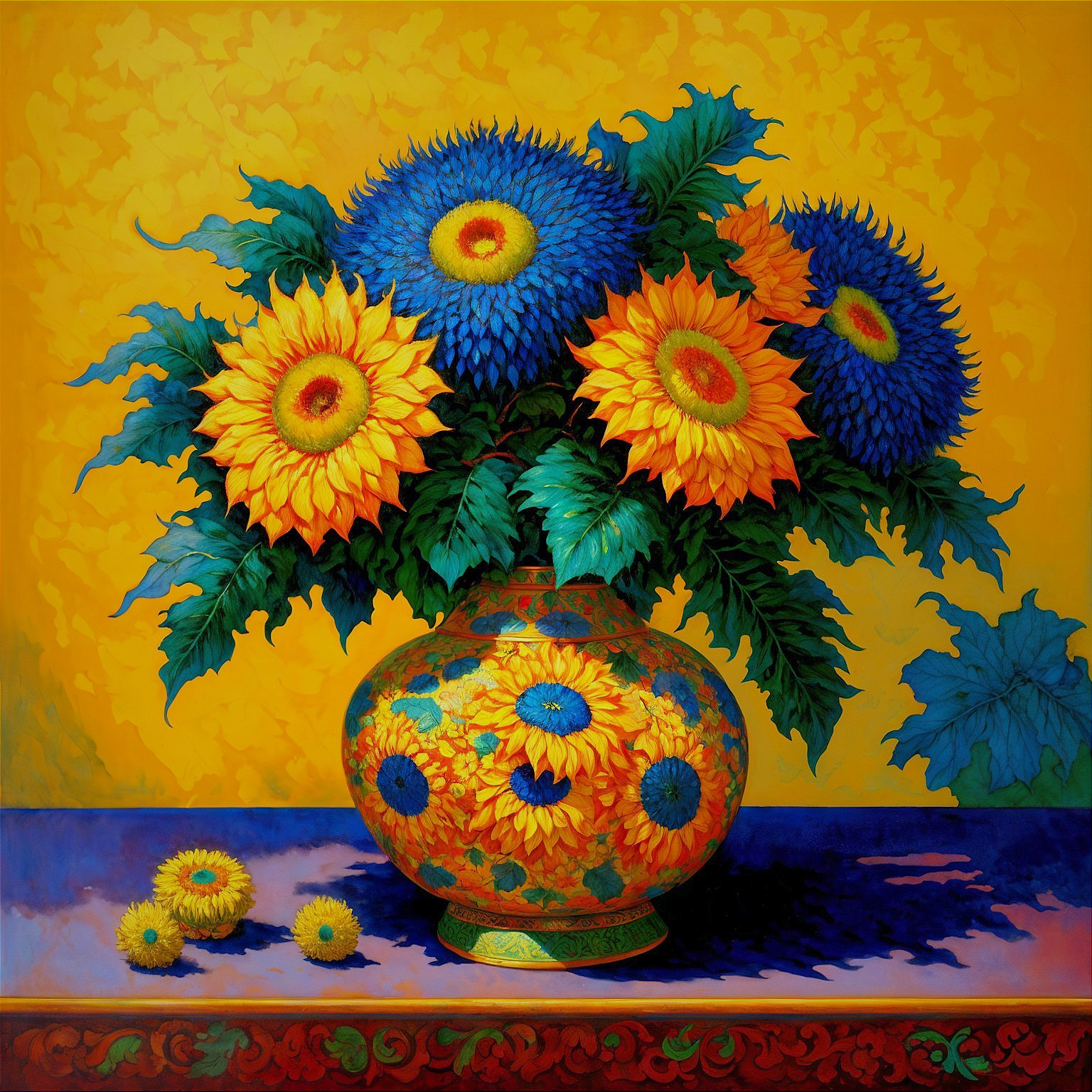 Vibrant Still Life of Sunflowers in Colorful Vase