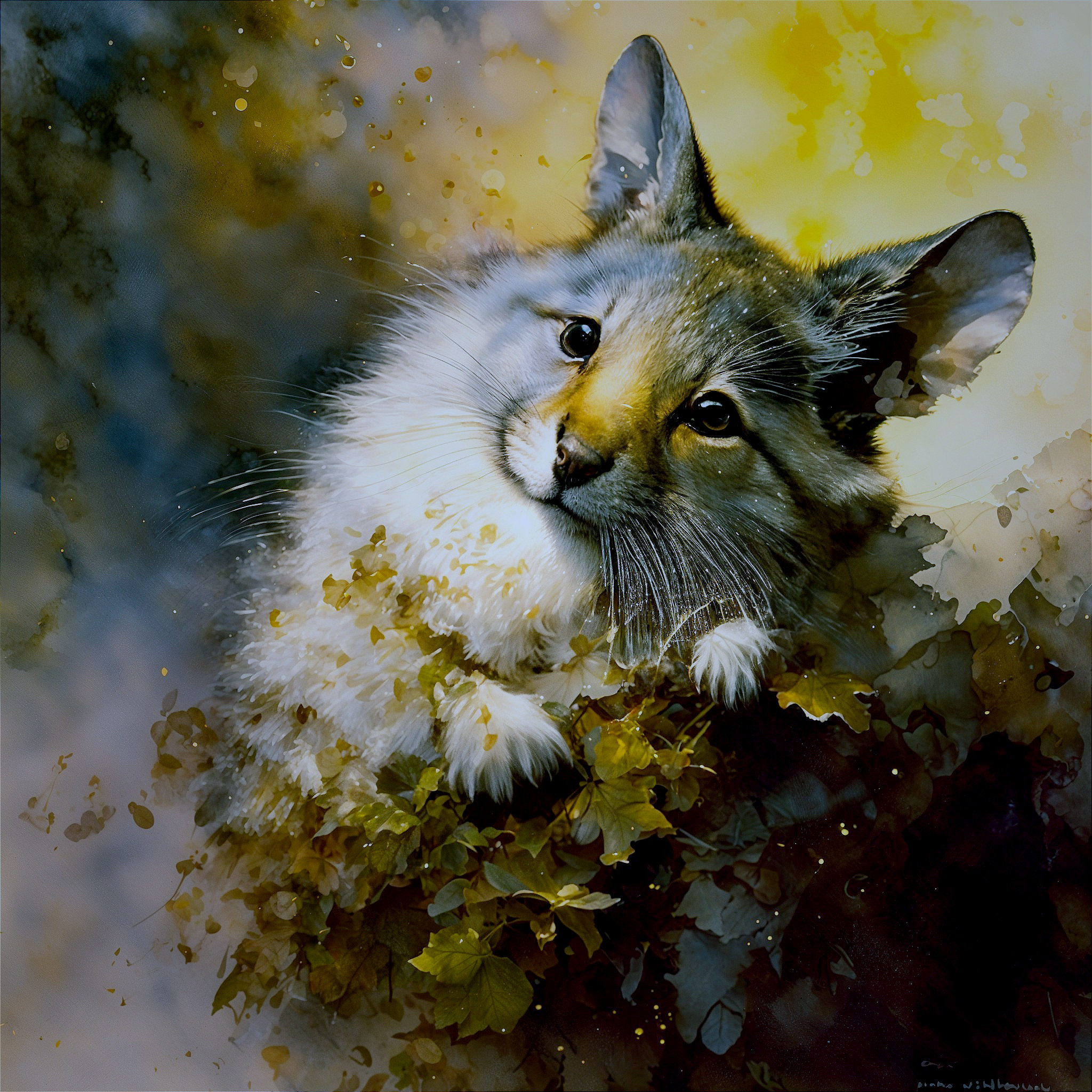 Close-up of a fluffy animal among golden leaves