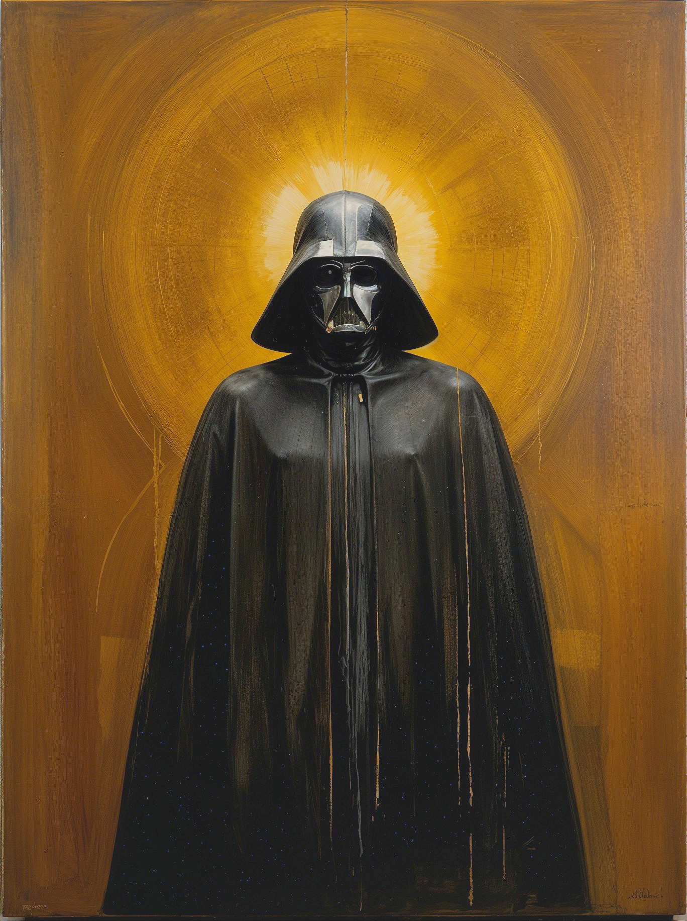 Cloaked Figure Portrait with Golden Halo Background