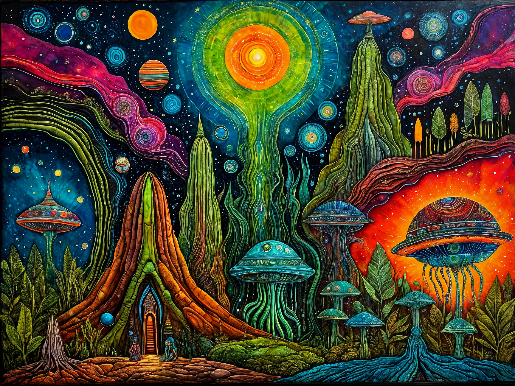 Surreal Landscape with Colorful Mountains and Planets