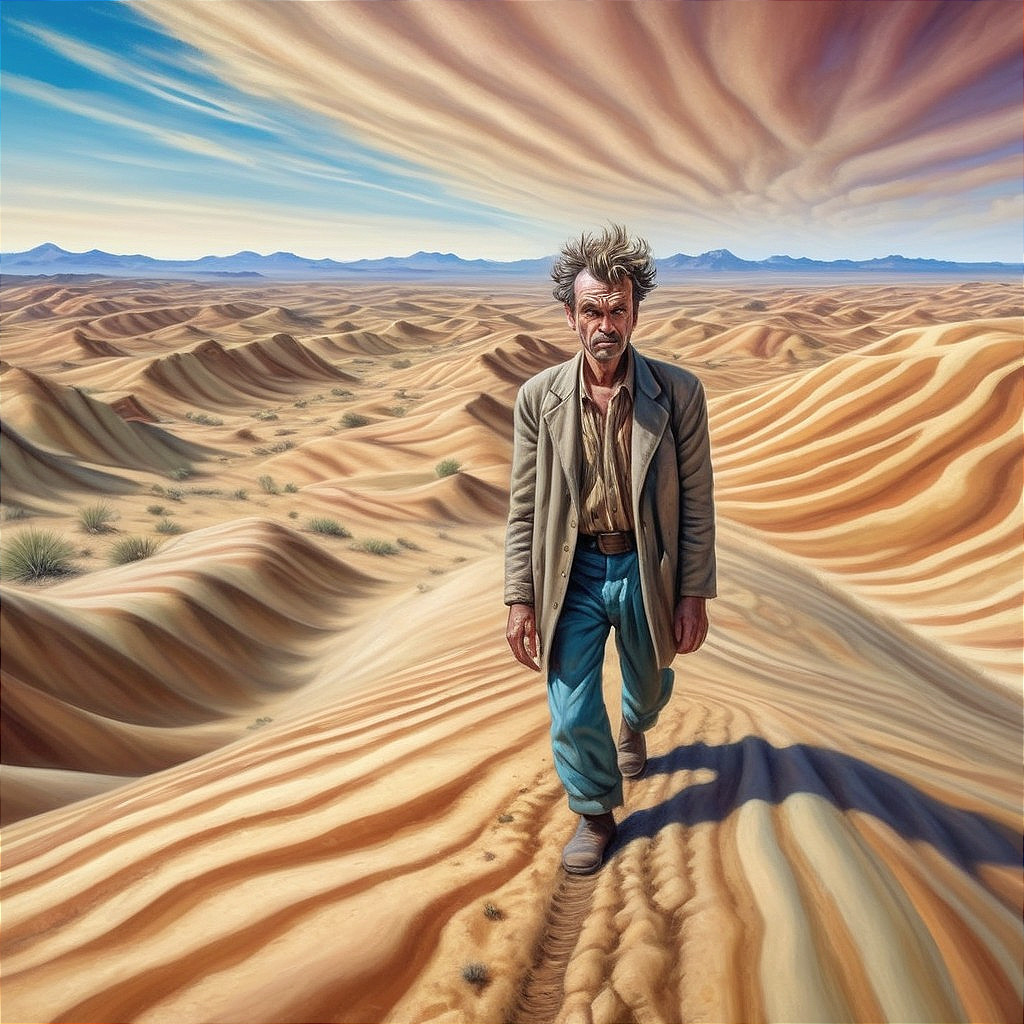 Lone Figure in Vibrant Desert Landscape at Sunset